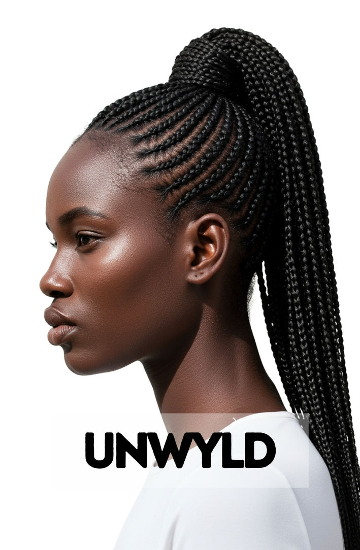 A side profile of a Black woman with sharp, clean stitch braids styled up into a long, sleek high ponytail.