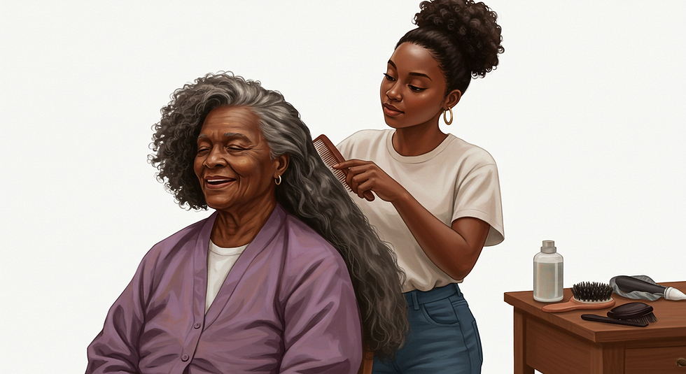 Woman brushing older woman's long afro gray hair , unwyld.com