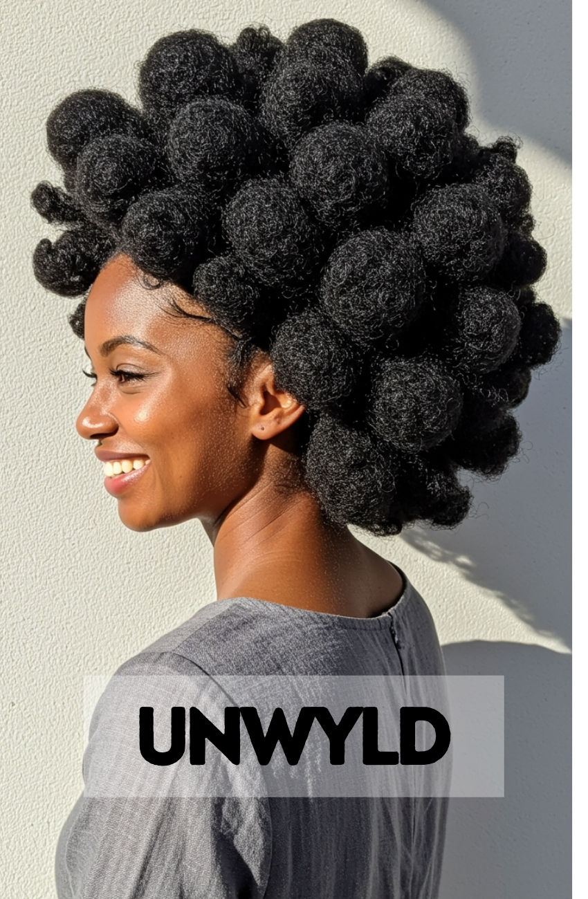 A Black woman wearing a beautiful and traditional Bantu knots protective hairstyle.