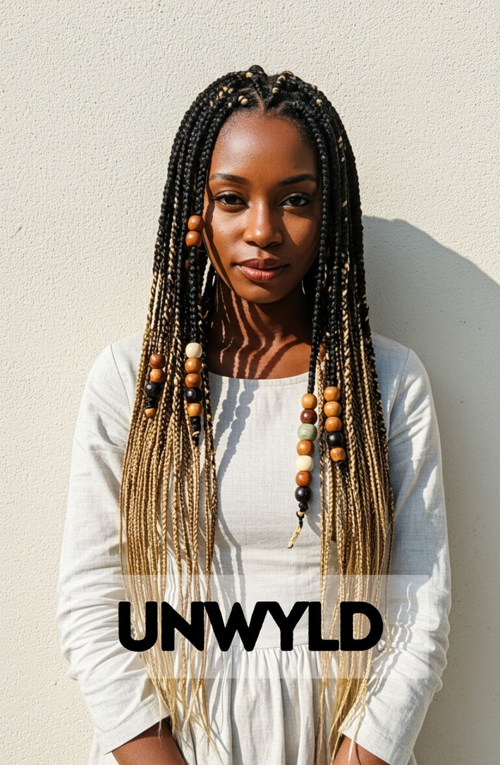 A woman showcasing her beautiful and intricate black and blonde Fulani (tribal) braids.