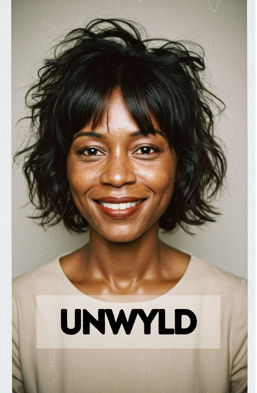 A Black woman with a trendy, voluminous, and heavily layered wolf cut on her natural curly hair.