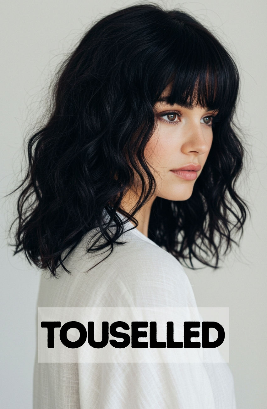 Soft black tousled hair with voluminous curls and shaggy birkin bangs creates a chic and effortless look.