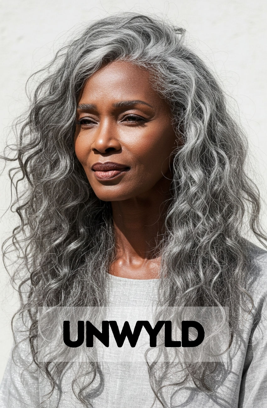 a woman with mature hairstyle with wavy long natural grey hair from unwyld.com