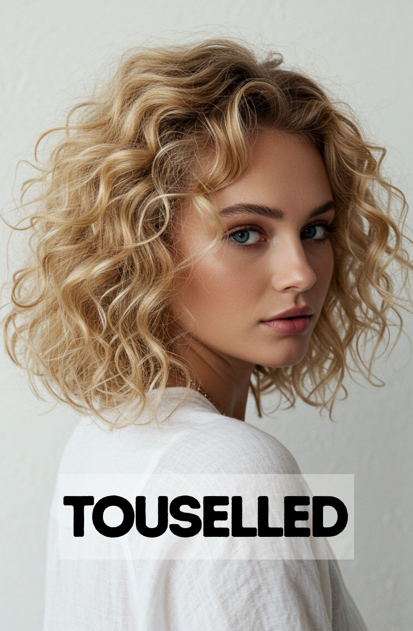 A woman with naturally curly hair in a collarbone-length lob, with her curls defined by a warm, golden blonde balayage.
