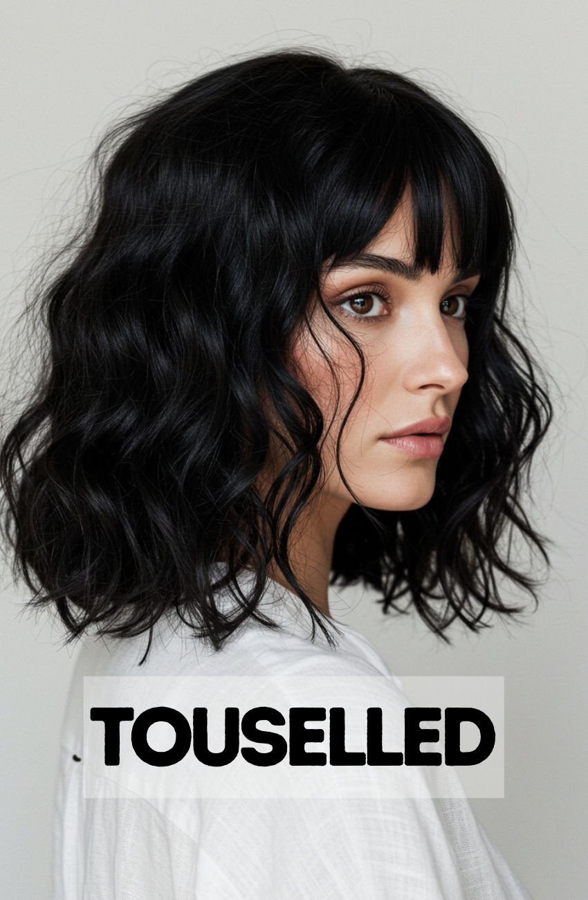 A woman with thick, naturally curly hair cut into a voluminous shag with a curly fringe, in a soft black hair color.