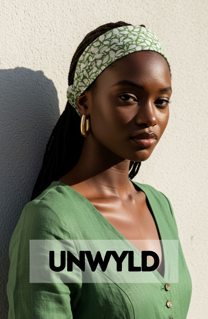 A woman with long box braids, accessorized with a colorful scarf tied as a headband.