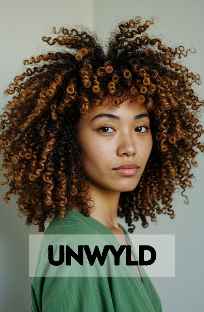 A woman's healthy 3C curls with the ends dyed a vibrant honey-ginger color.