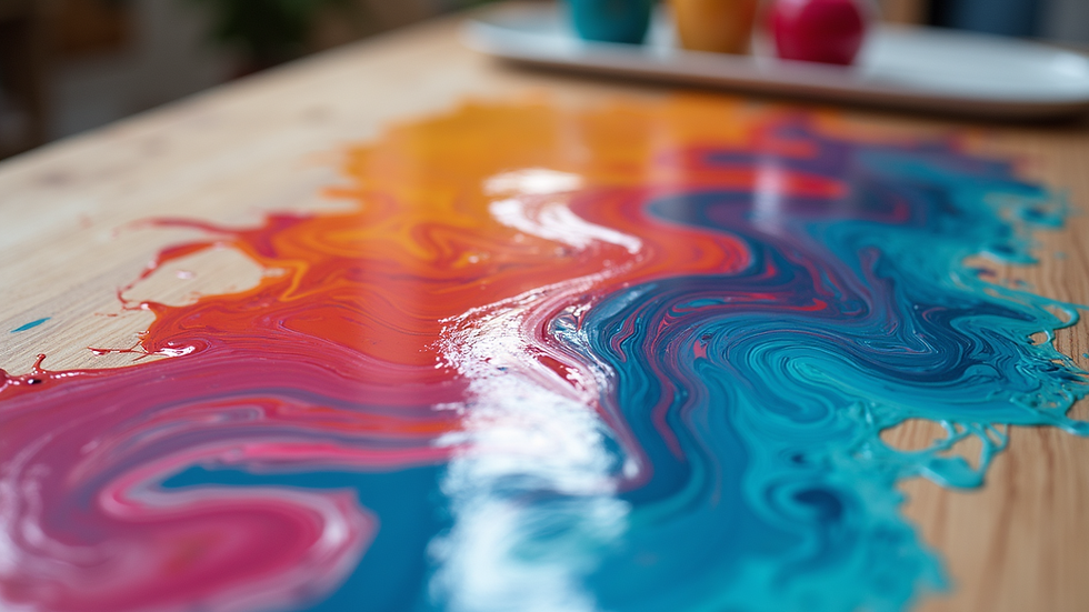 Close-up view of vibrant acrylic pouring paints on a table