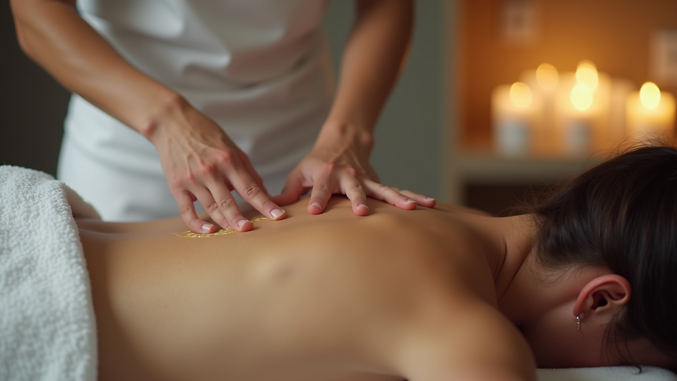 Close-up view of massage therapist applying oil on a client’s back