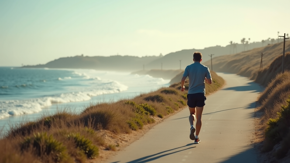 Eye-level view of a person jogging along a coastal path with waves in the background