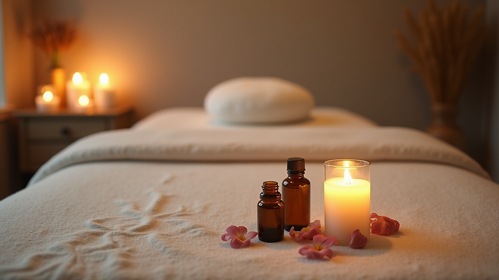 Eye-level view of a massage table with calming candles and essential oils