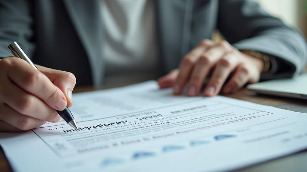 Close-up of a person reviewing immigration paperwork with a pen
