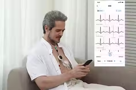 Patient wearing Viatom Lepod Pro ECG Holter Checking Real-time ECG Waveforms