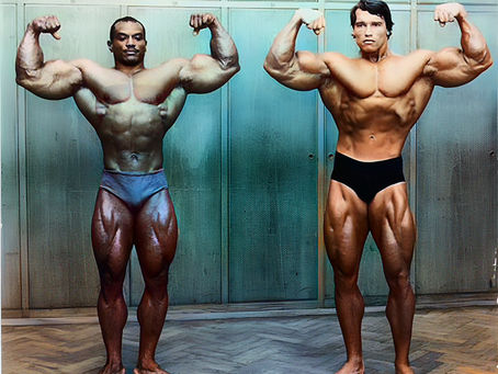 Sergio Oliva and Arnold Schwarzenegger performing a double bicep pose