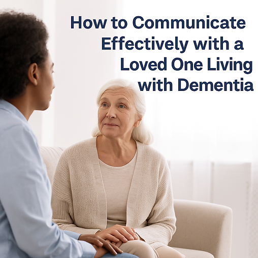 A warm and caring moment indoors, where a dementia carer listens patiently and provides comfort to a loved one, reflecting the importance of understanding and connection."