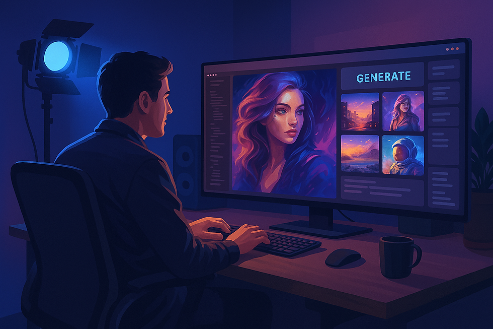 A person works at a desk with a computer displaying AI-generated art. The room is lit in blue tones, with a spotlight in the background.