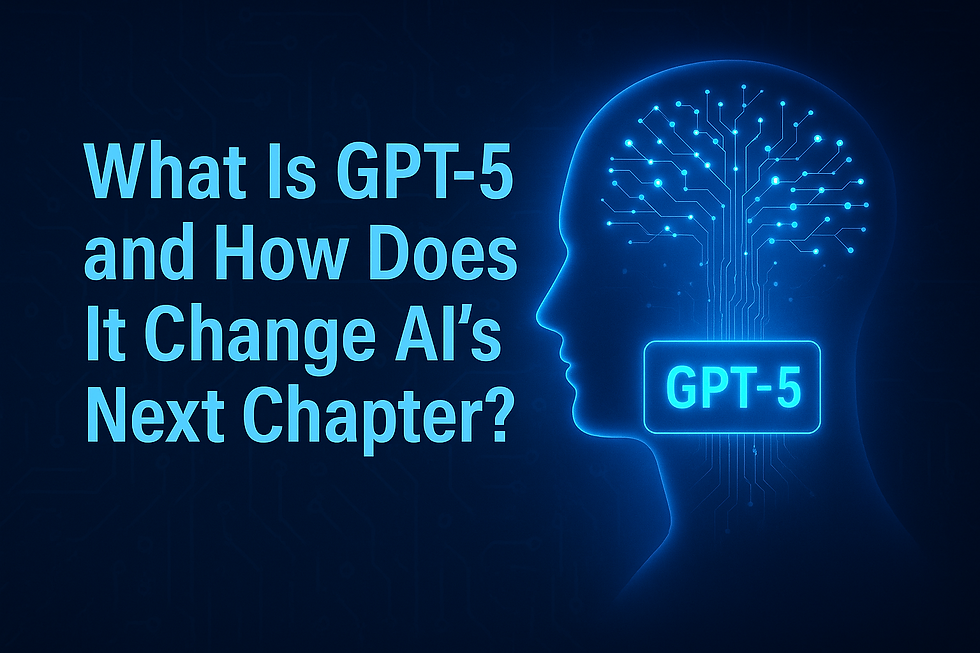 Silhouette of a human head with circuit patterns, glowing text "GPT-5", and question about AI's future on a dark blue background.