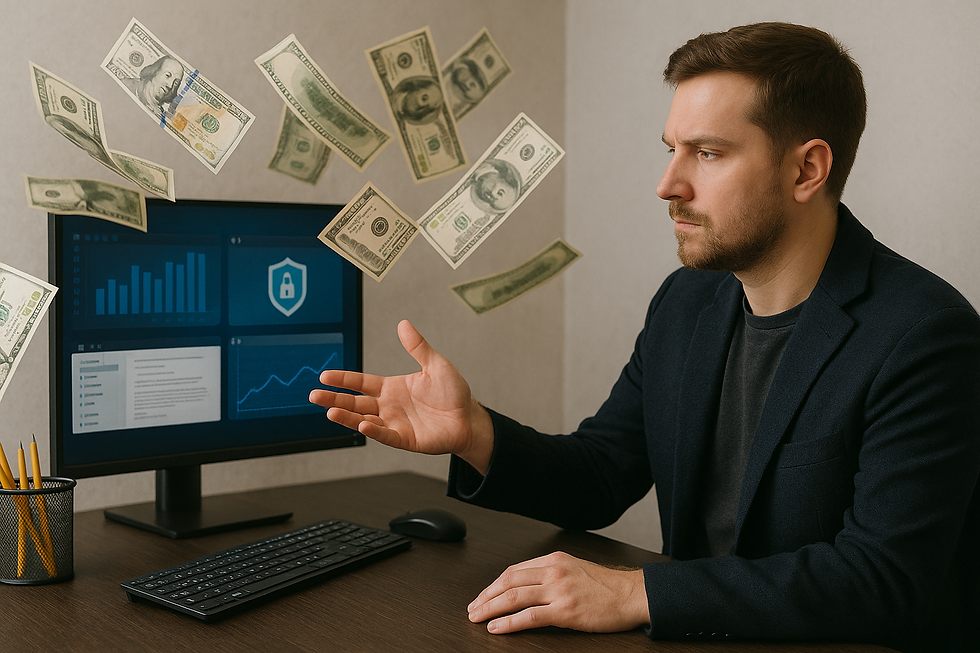 Man at desk with floating money in front of a monitor displaying charts. He gestures with a serious expression. Keyboard and pencils visible.