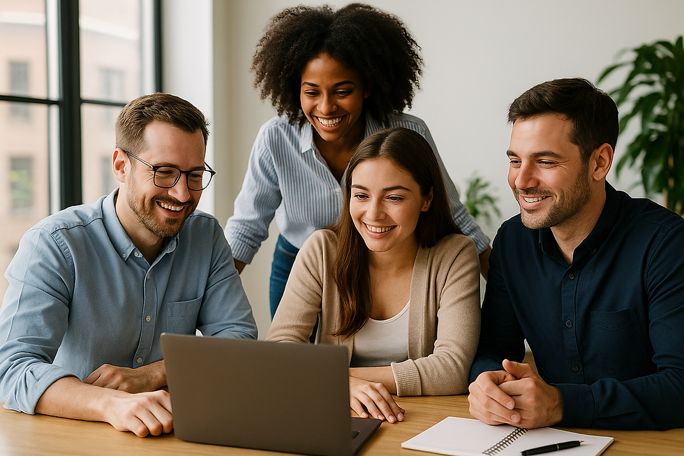Four people smiling and looking at a laptop in an office setting. A notebook and pen are on the table. Bright and collaborative mood.