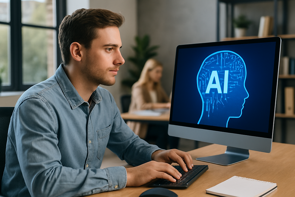 Man in blue shirt typing on keyboard, focused on a computer displaying "AI" in a blue digital head. Office setting with shelves and windows.