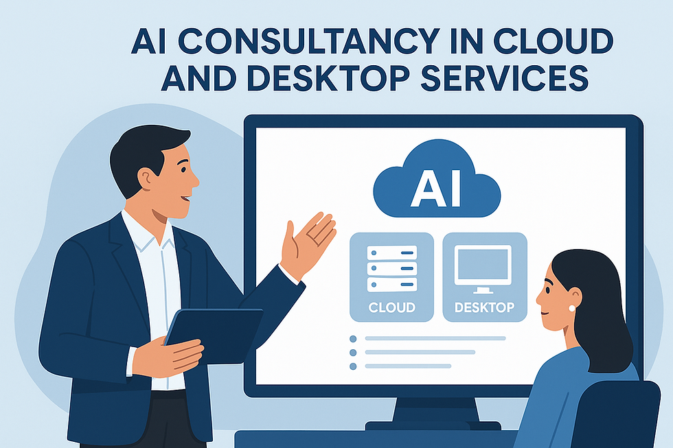 Man presenting AI consultancy on screen to a woman. Screen shows "AI" with cloud and desktop icons. Text reads "AI Consultancy in Cloud and Desktop Services."