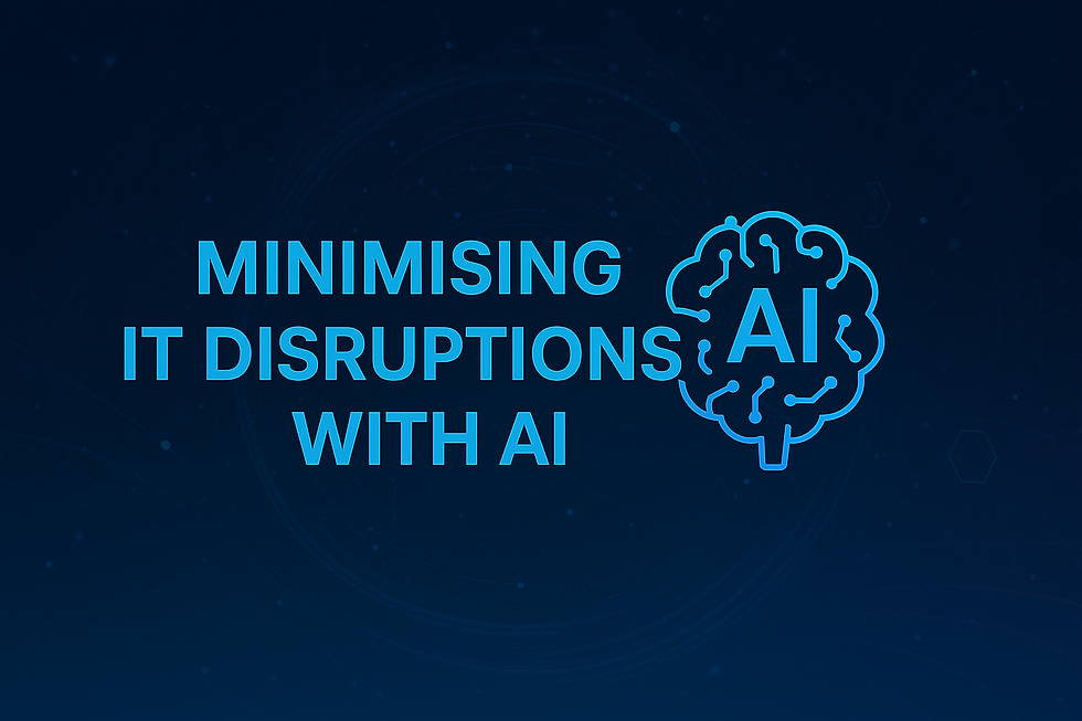 Blue text on a dark background reads "MINIMISING IT DISRUPTIONS WITH AI" next to a brain-shaped AI icon, conveying innovation.