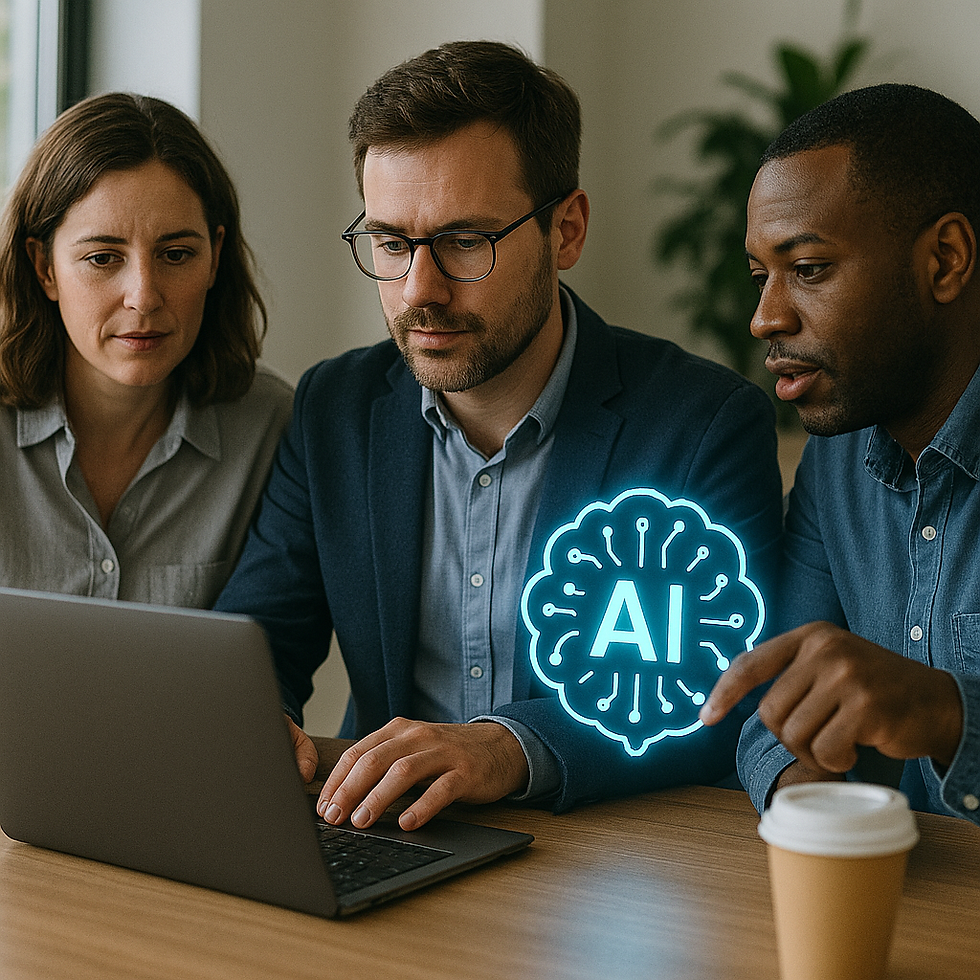 Three people focused on a laptop with an AI icon. One gestures at the screen. Modern office setting, coffee cup visible, serious mood.