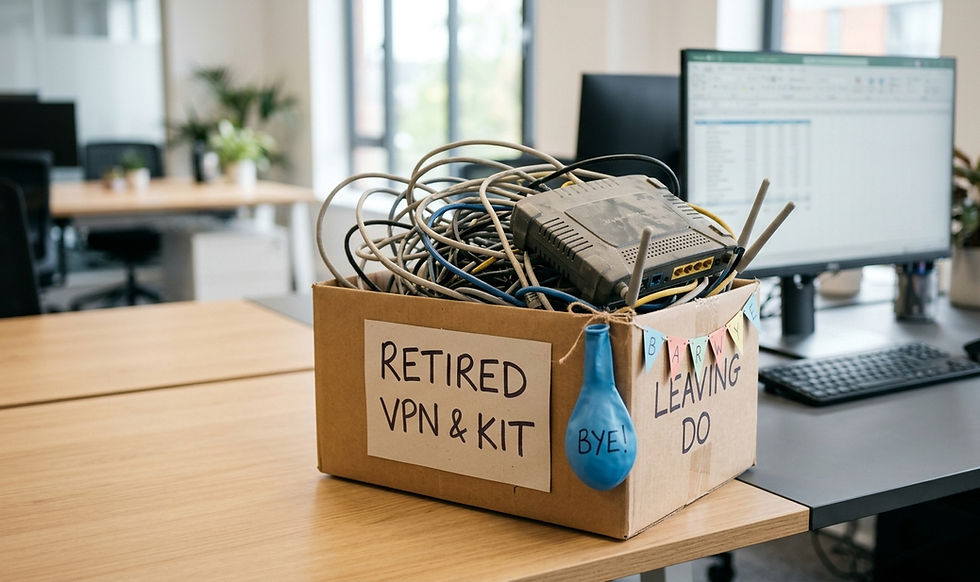 Cardboard box of tangled cables and a router on an office desk, labeled RETIRED VPN KIT and BYE! with a LEAVING DO sign.