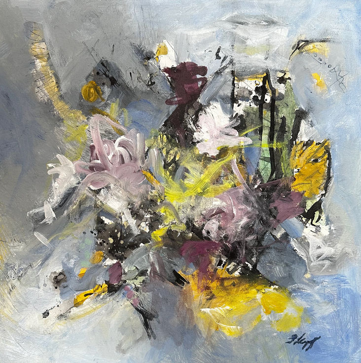Wet Flowers (Mixed media on canvas, 18" x 18")