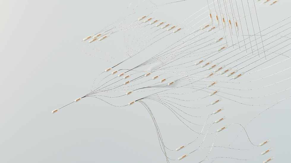 Abstract illustration depicting complex digital neural networks and data flow.
