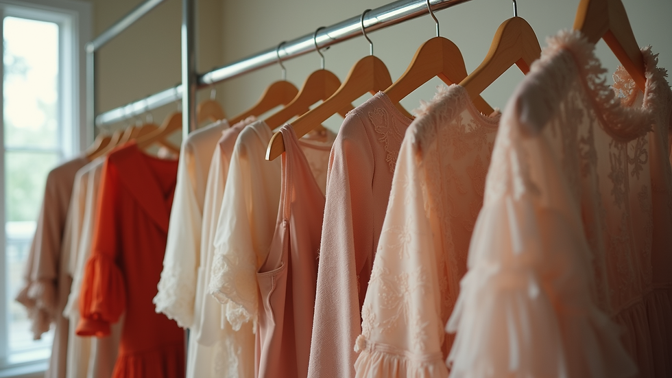 Eye-level view of a stylish clothing rack featuring elegant dresses