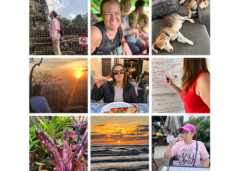 A collage of images of a woman, of sunsets, of nature, and art