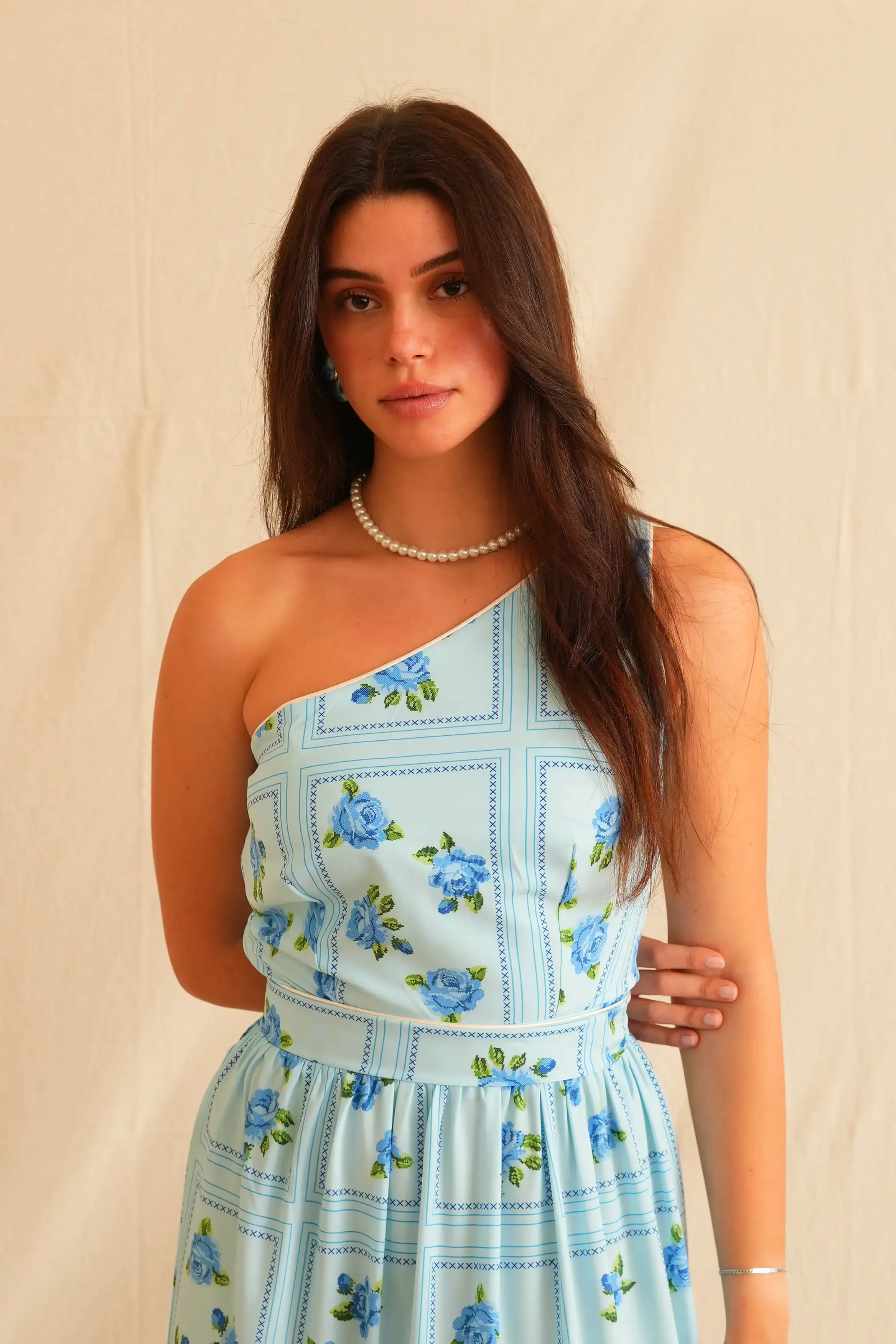 Blue Rose One Shoulder Maxi Dress
