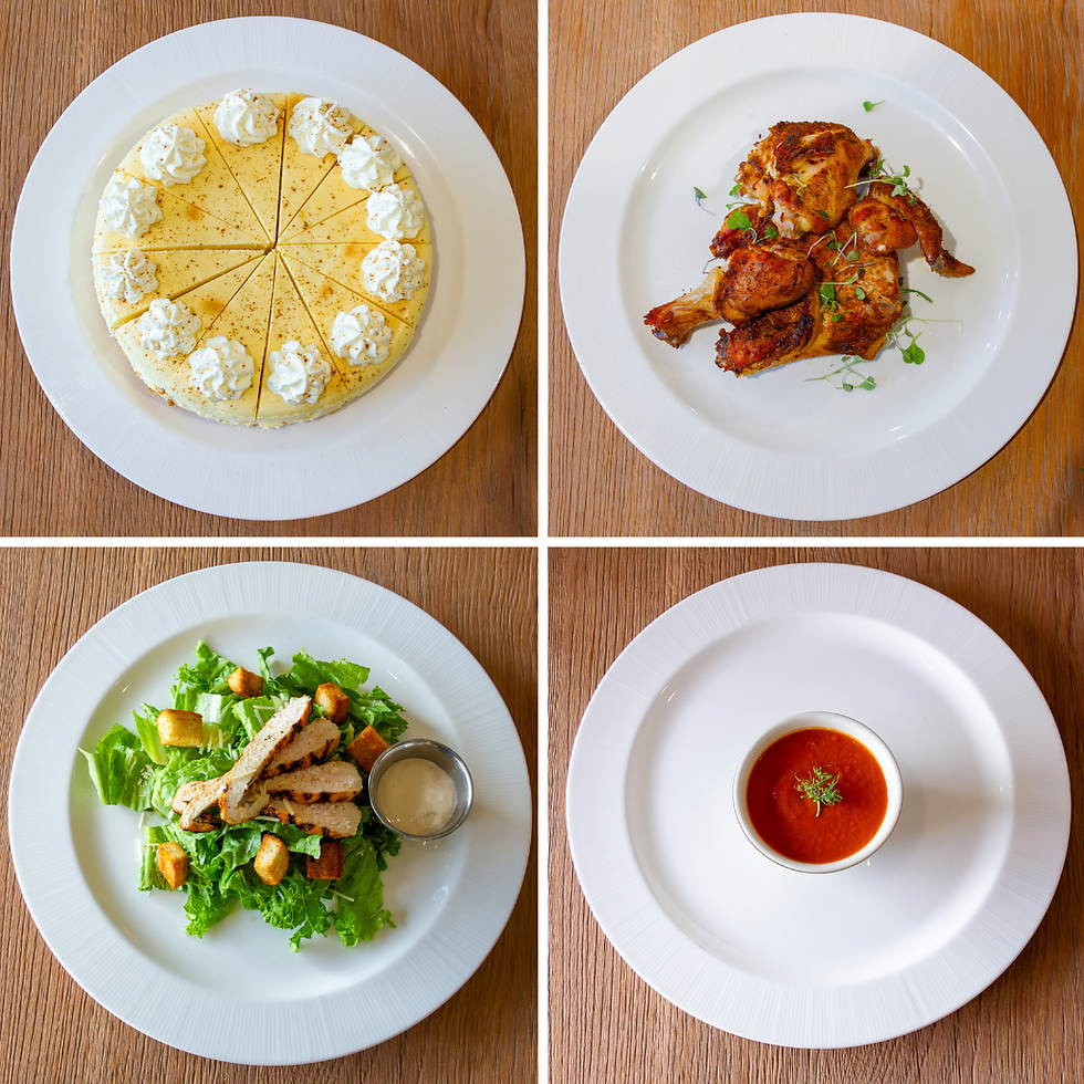 A grid-style image showcasing four plated dishes from Café Elegante, including a slice of cheesecake with whipped cream, roasted chicken, Caesar salad with grilled chicken, and a bowl of tomato soup. Each dish highlights the fresh, high-quality offerings available at Café Elegante in Hamilton Partners Itasca Business Park.