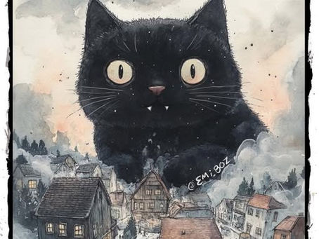 Large black cat, called the Yule Cat, looming over a small village with the overhead text reading, "your chances of getting eaten by the Yule Cat are low, but not zero."
