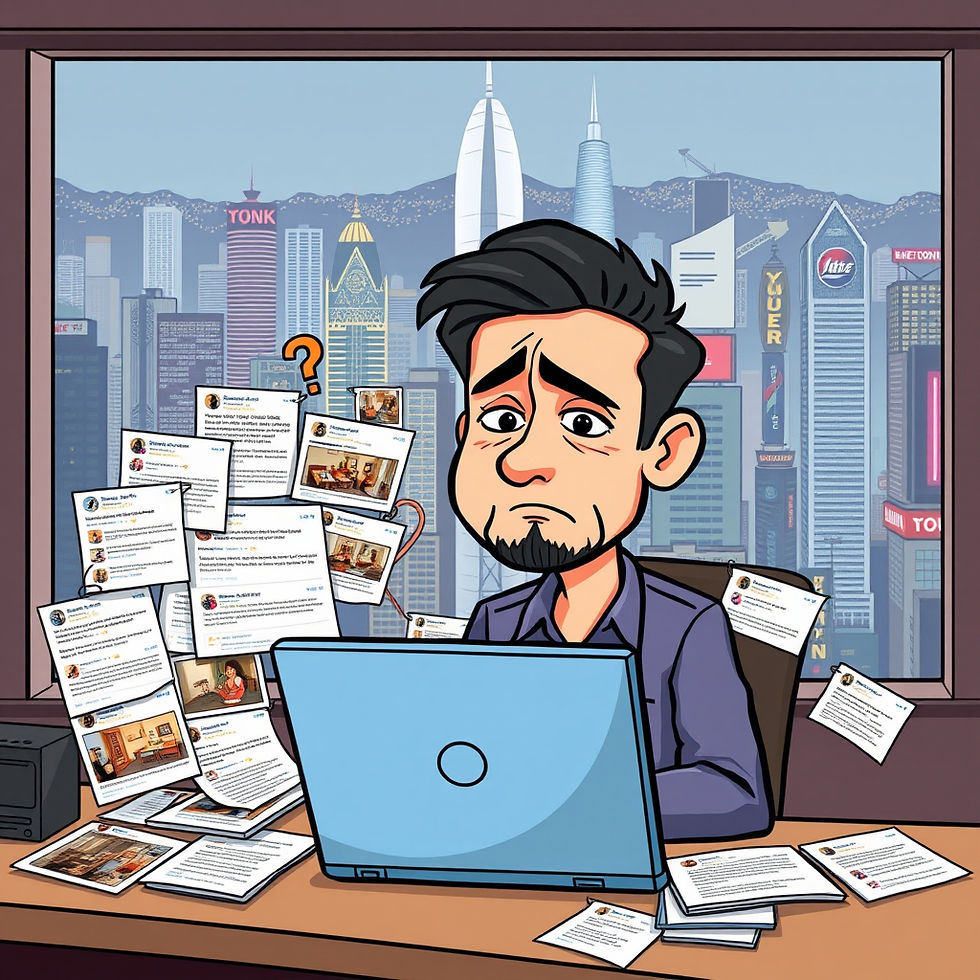 Expat mistake in Hong Kong: relying only on Facebook groups for housing, shown by an expat browsing Facebook listings on a laptop with apartment photos and messages, against a Hong Kong city backdrop.