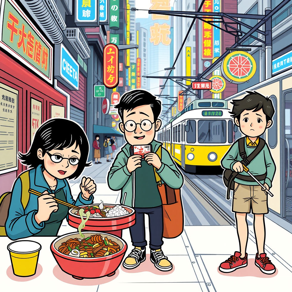 Illustration of common expat mistakes in Hong Kong: struggling with chopsticks at dim sum, confused with Octopus card at MTR, and wearing wrong shoes on a hiking trail, set against a vibrant Hong Kong street with neon signs and trams.