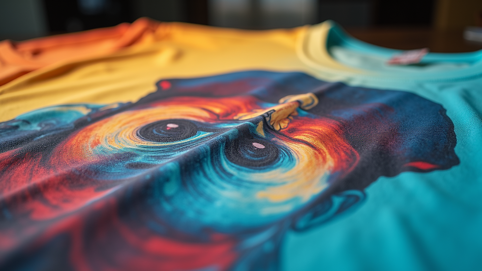 Eye-level view of a colorful T-shirt with a sublimated photo print