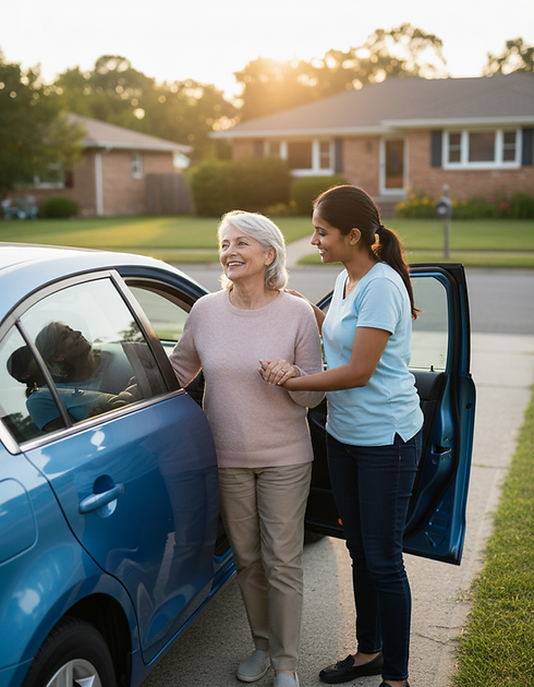 Woman driver helping senior women out of the car. AI generated image.