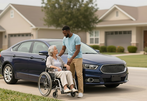 Male driver helping senior women in wheel chair. AI generated image.