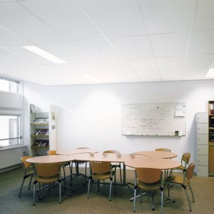 Suspended grid ceiling in commercial interior