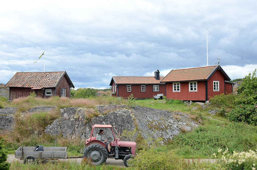 Tre röda hus med vita knutar och en traktor i förgrunden
