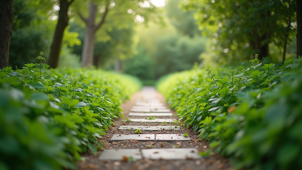 Eye-level view of a serene garden path surrounded by lush greenery
