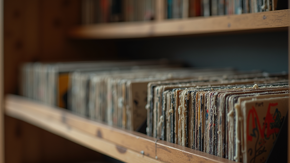 Eye-level view of vinyl records stacked on a wooden shelf