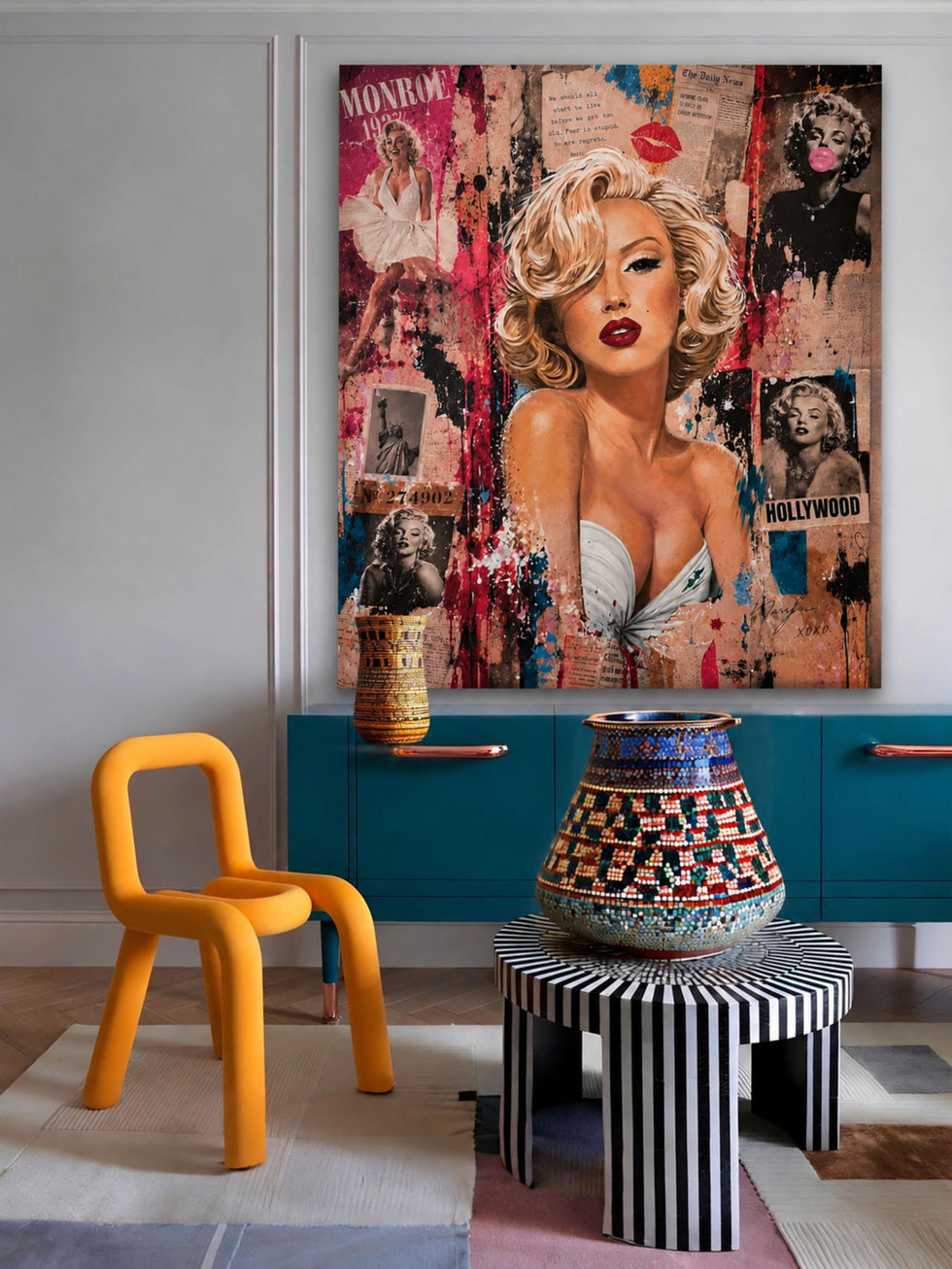 Monroe Reverie painting displayed in a modern home interior with colorful decor, pop-art style, and glamorous gallery-inspired presentation.