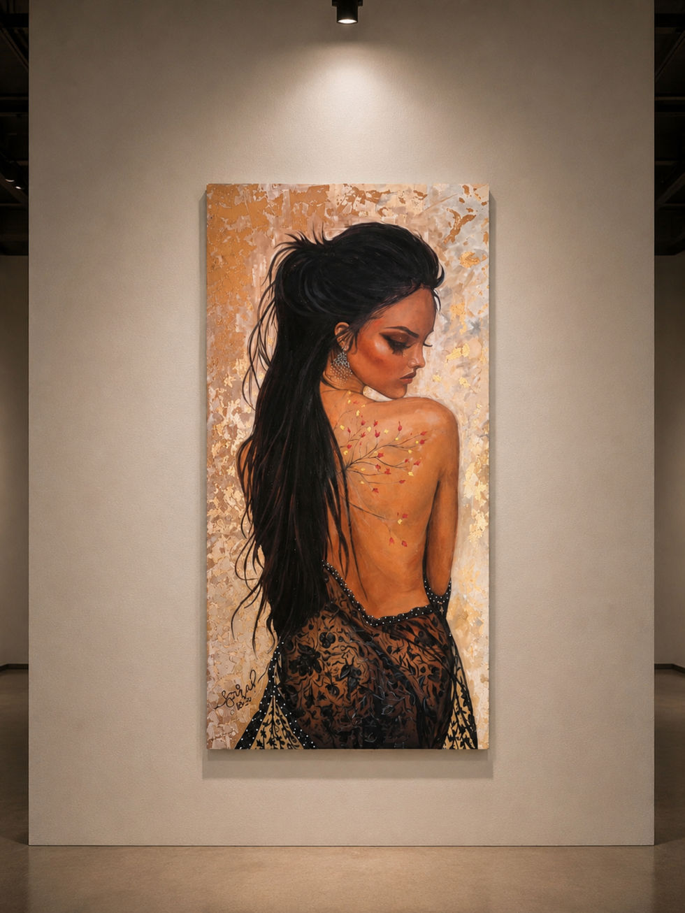Golden Silence canvas painting displayed on a gallery wall under warm spotlight lighting with a graceful female figure and golden tones.