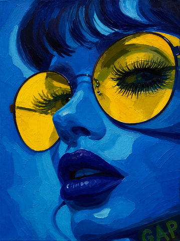 Electric Gaze original contemporary female portrait painting by Sarah Art Gallery with electric blue tones, yellow sunglasses, dramatic lips, and modern feminine energy.