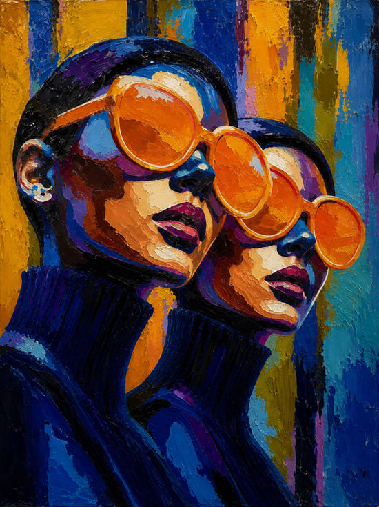 Twin Vision original contemporary painting by Sarah Art Gallery featuring two female figures with orange sunglasses, blue tones, and bold modern expression.