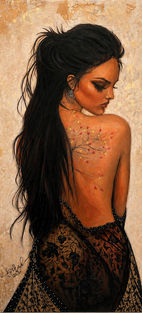 Golden Silence original contemporary female figure painting by Sarah Art Gallery with long dark hair, warm golden tones, and elegant feminine expression.
