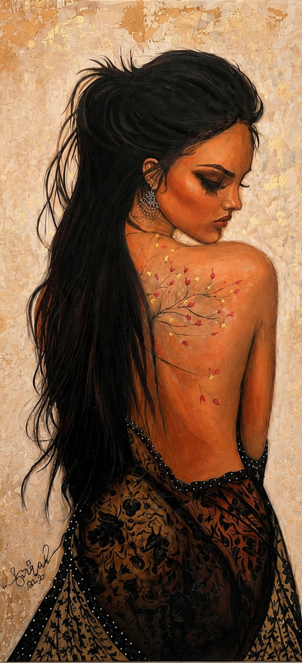 Golden Silence original contemporary female figure painting by Sarah Art Gallery with long dark hair, warm golden tones, and elegant feminine expression.